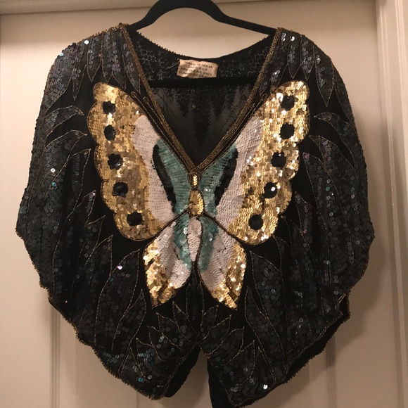 Tops - Vintage Silk Sequins Butterfly Top
